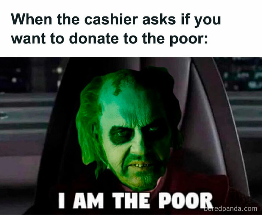 A green-faced character with a caption about donating, representing a funny meme for a laugh.