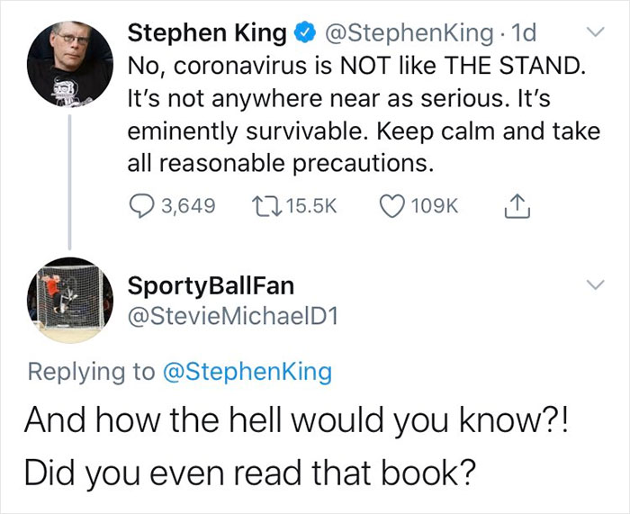 Tweet conversation showcasing hilariously cringe confidence, questioning a book's author about his own work.