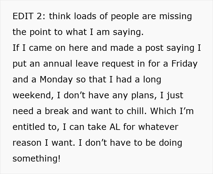 "Text post discussing annual leave request and personal time off needs.