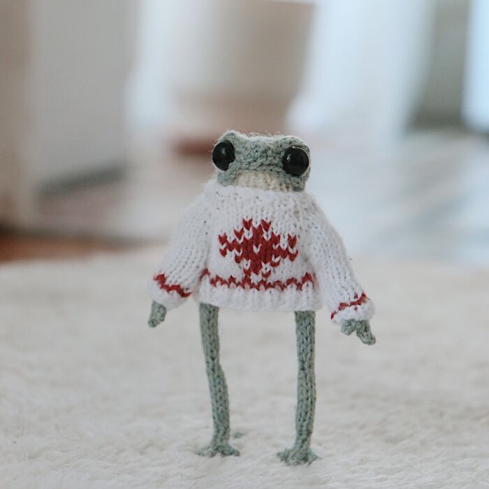 Miniature knitted frog wearing a cozy sweater, showcasing adorable craftsmanship by a French knitter.