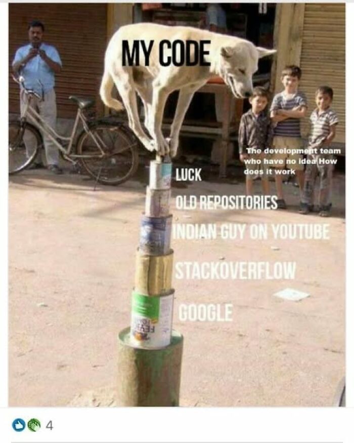 Dog balancing on a stack of cans labeled with IT terms, symbolizing fragile code.