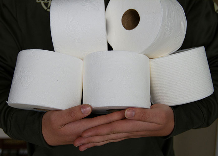 Person holding a stack of toilet paper rolls, representing petty but understandable reasons in married life.