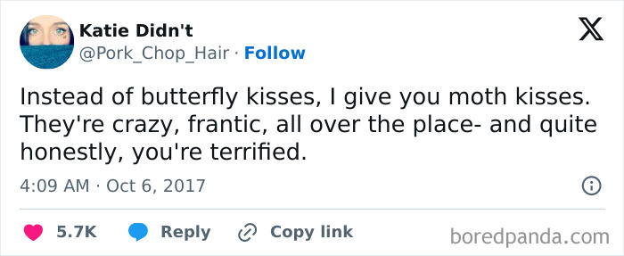 Instagram post screenshot with a funny meme featuring a twist of horror about moth kisses.