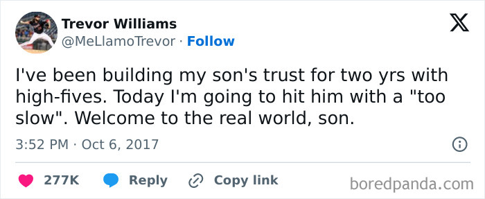 Trevor Williams tweet about high-fives, titled "76 Random Tweets That Are Too Hilarious Not To Share," humorously discussing trust.