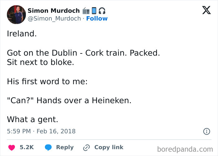 Tweet capturing Ireland's charm: humorous anecdote of train ride with friendly gesture, a bloke offers a Heineken.