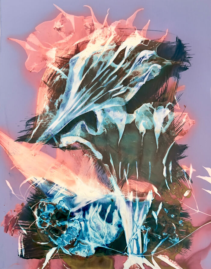 Abstract artwork by Carolyn Moore featuring dynamic swirls of pink, blue, and black hues.