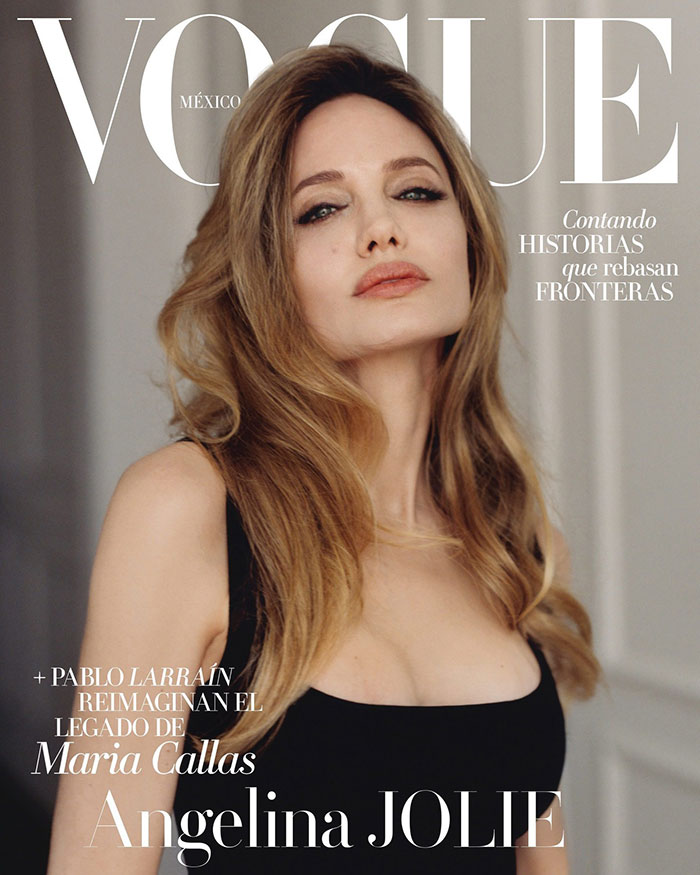 Angelina Jolie on Vogue Mexico cover, posing with a serious expression, sparking a mix of reactions from viewers.