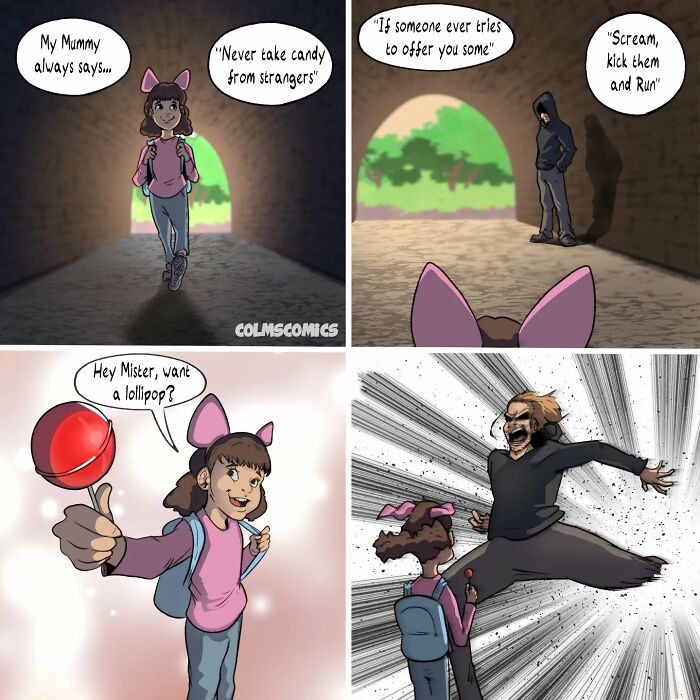 Comic with absurd situations: a girl encounters a stranger, offers him candy, and kicks him away in a surprising twist.