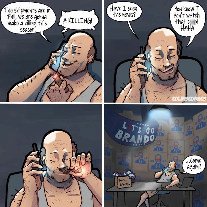 Comic strip with absurd situations and unexpected twists, featuring a man in conversation, leading to a humorous realization.