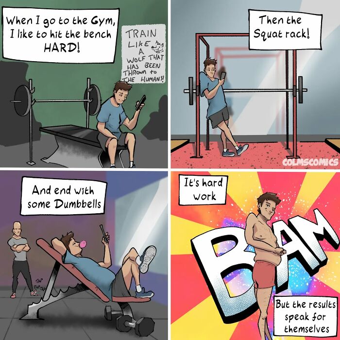 Comic strip showing a man humorously flexing muscles while exercising, featuring absurd situations and unexpected twists.