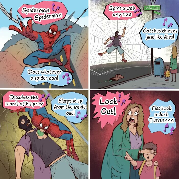 Comic strip with absurd situations featuring Spiderman in unexpected twists, capturing humorous moments and reactions.