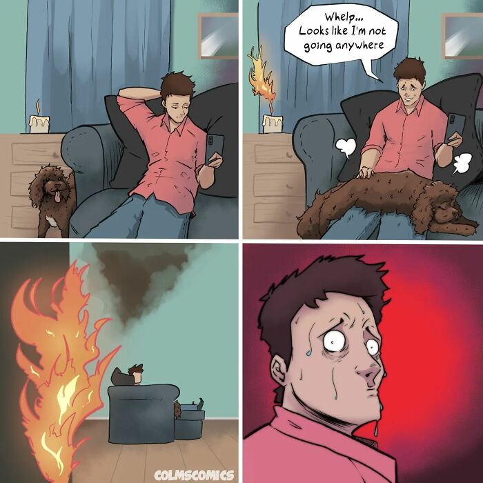 Comic of a man on a sofa with a dog, fire in the background; absurd situation with unexpected twists.