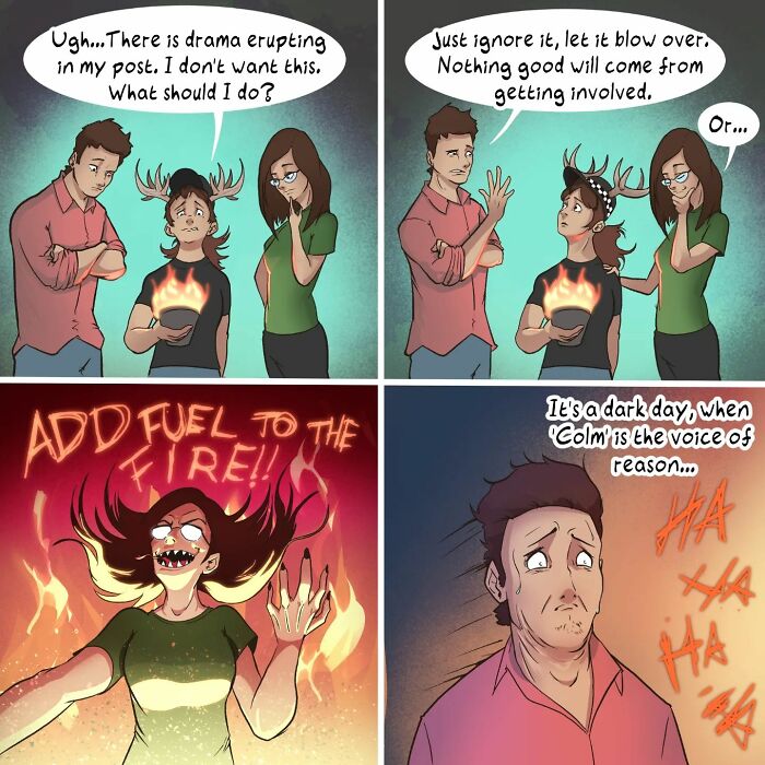 Comic illustration depicting absurd situations with unexpected twists and humor.