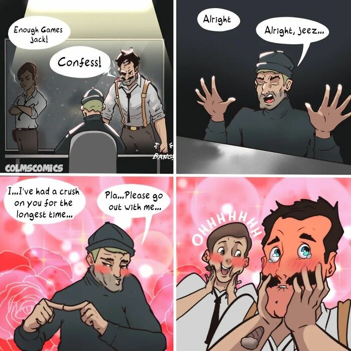 Comic strip depicting absurd situations with unexpected twists, featuring a humorous confession scene.