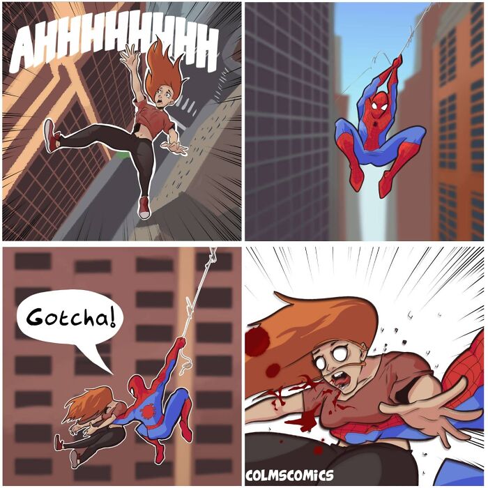 Comic illustrating an absurd and unexpected twist during a superhero rescue gone wrong in an urban setting.