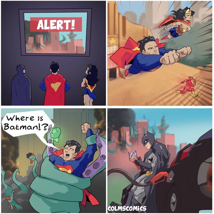 Comic depicts superheroes in absurd situations and unexpected twists, including searching for Batman amidst chaos.