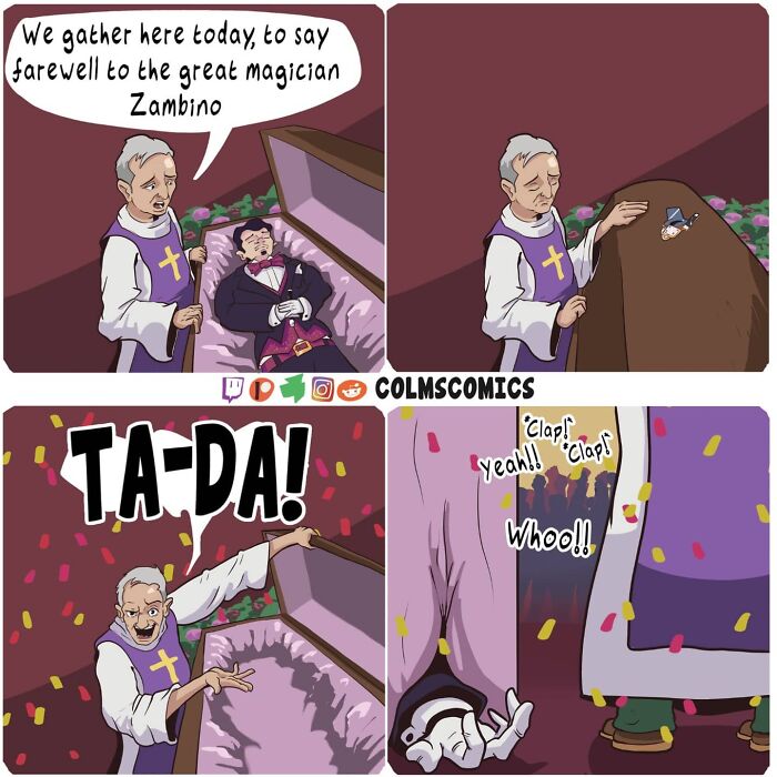 Comic of a priest performing a magic trick at a funeral; unexpected twist reveals a cheering audience.