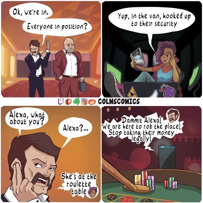 Comic showing a group preparing for a heist with unexpected twists. One team member is found gambling at a roulette table.