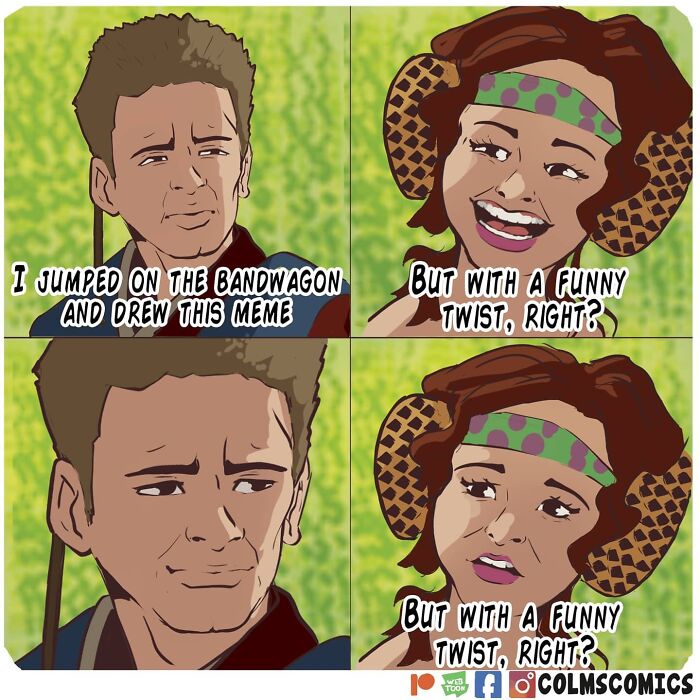 Comic strip featuring absurd situations and unexpected twists, with characters humorously discussing a meme with a twist.