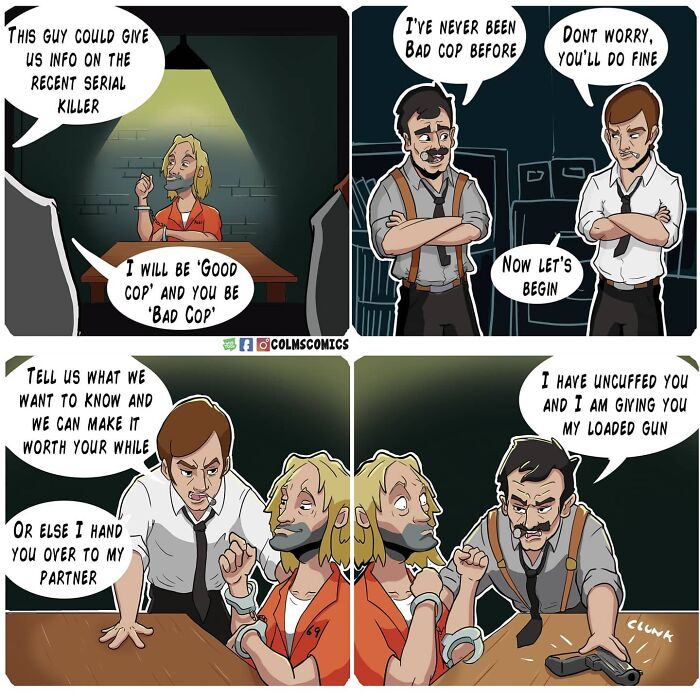 Comic strip with absurd situations, featuring detectives in an interrogation room with unexpected twist involving a suspect.
