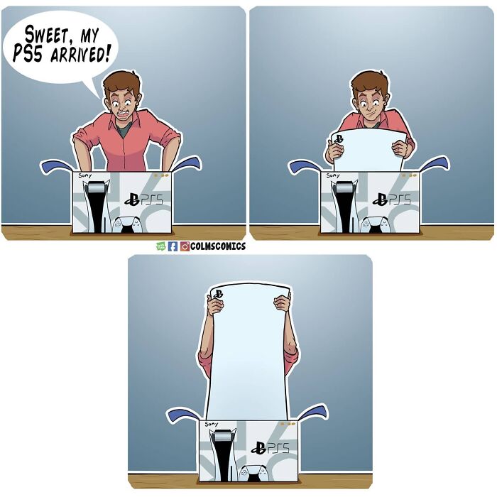 Comic of a man excitedly opening a PS5 box, finding an overly long console inside, showcasing an absurd situation.