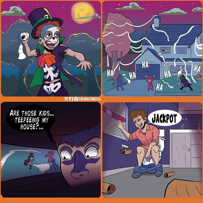 Comic scene with absurd situations: kids teepeeing a house, a surprised man looking out, and a man excited in a bathroom.