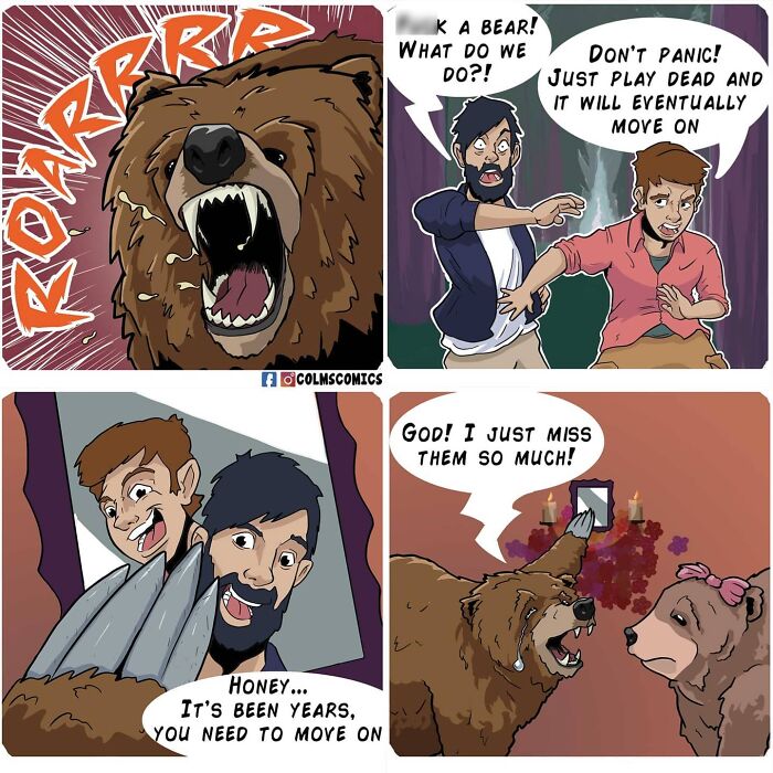 Comic strip of absurd situations featuring a bear encounter with unexpected twists and humorous dialogues between characters.