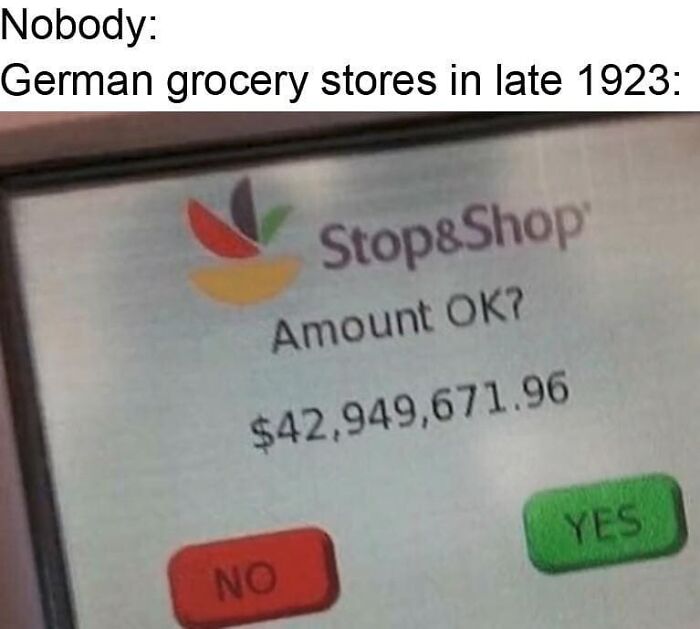 Historical meme showing exaggerated grocery store price in 1923 Germany.