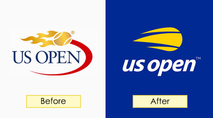 US Open logo redesign comparison highlighting brand redesigns with before and after images.