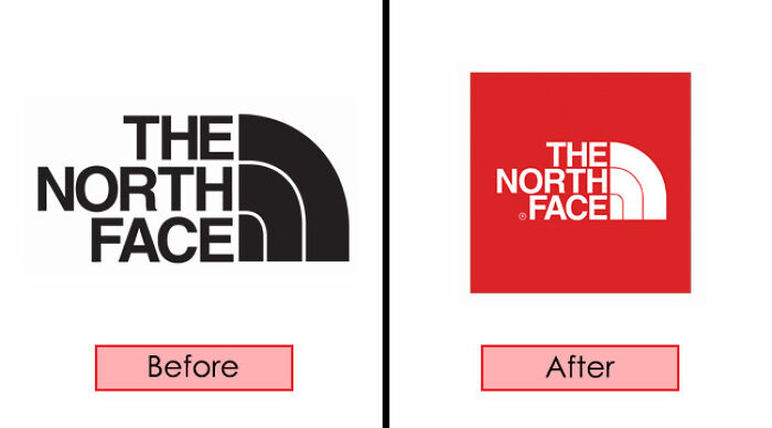 North Face logo redesign comparison, from black and white to red background.
