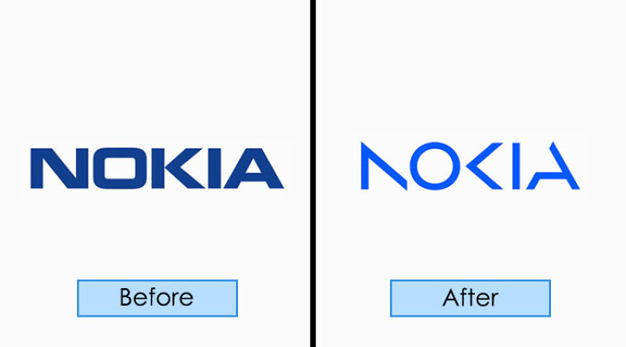 Nokia logo redesign comparison, before and after visual transformation.