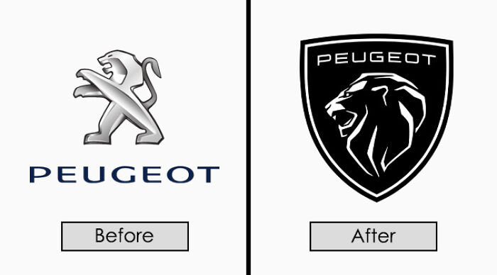 Peugeot logo redesign comparison, showing old and new lion emblem variations.