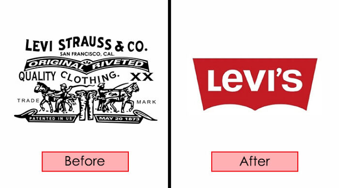 Before and after images of Levi's brand redesign, comparing old detailed logo with modern simplified design.