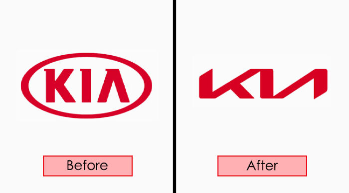 Before and after comparison of Kia logo redesign, highlighting brand redesign trends.