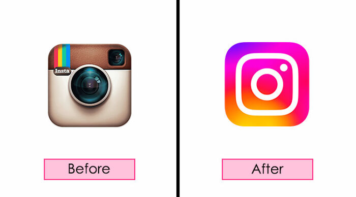 Before and after images of the Instagram logo redesign, highlighting brand redesigns effectiveness.
