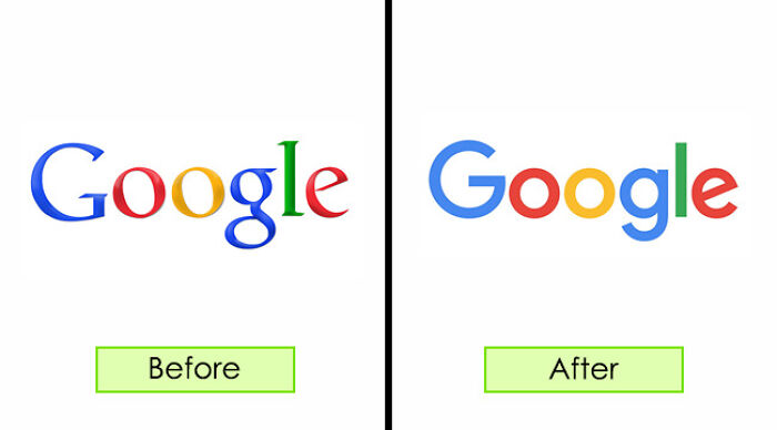 Before and after comparison of Google logo redesign, showcasing brand changes.