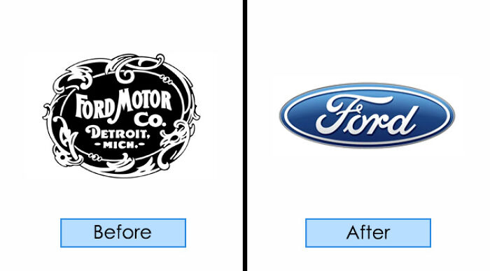 Ford brand redesign: vintage "before" logo alongside modern "after" logo in blue and white.
