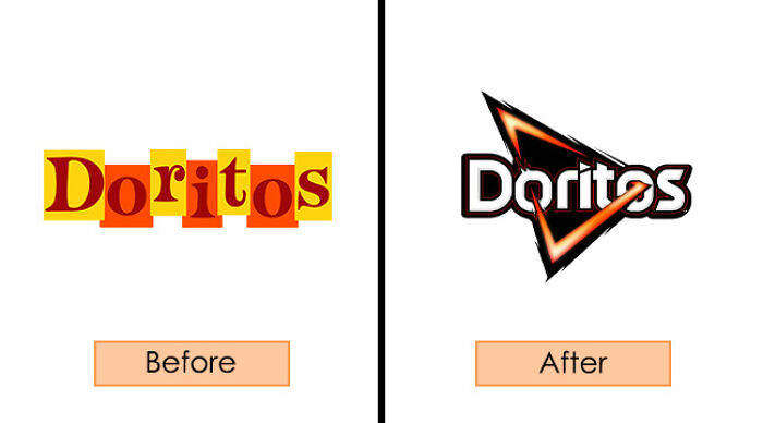 Doritos brand redesign comparison with before and after logos shown side by side.