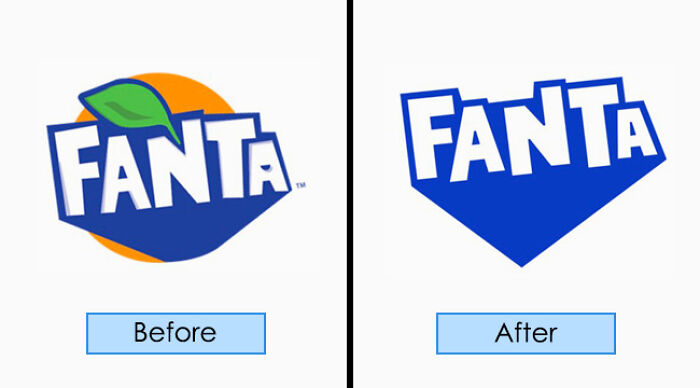Fanta brand redesign comparison with "Before" and "After" logos, showcasing changes in color and design.