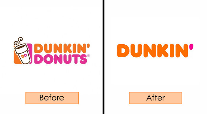 Dunkin' logo redesign comparison, showing before and after changes.