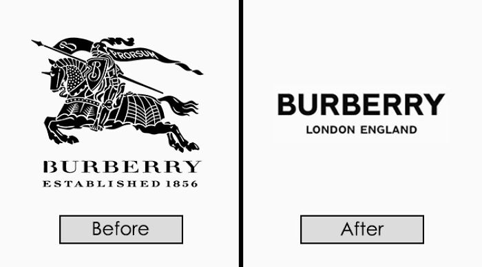 Before and after comparison of Burberry brand redesign, showcasing logo evolution.