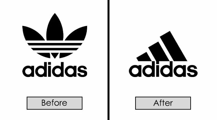 Adidas logo redesign comparison: before with trefoil, after with three stripes.