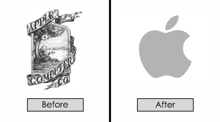 Before and after images showing a brand redesign from Apple Computer Co. to a modern Apple logo.