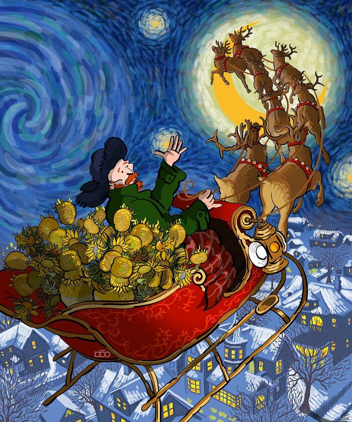An artist's colorful illustration of a van Gogh-inspired sleigh ride with sunflowers and reindeer in a starry night sky.