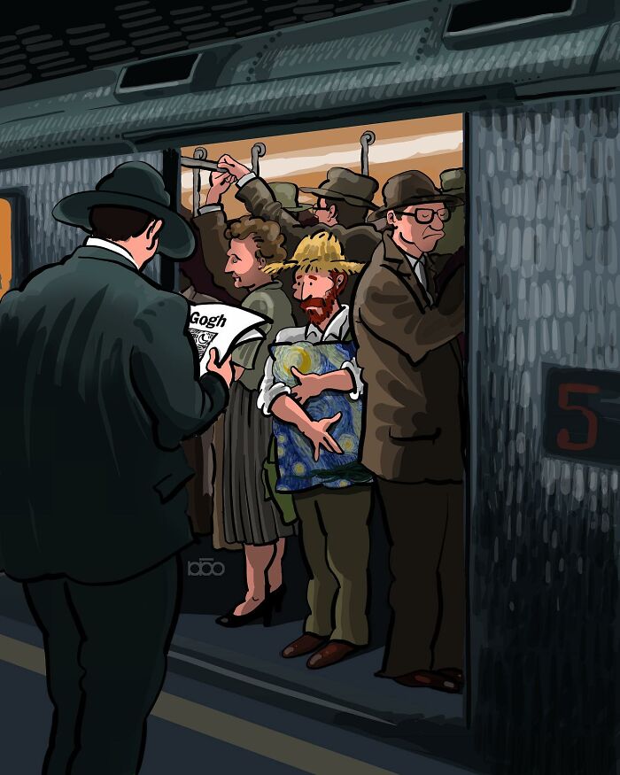 Artist's illustration of a man on a crowded train holding a Starry Night painting, evoking Vincent van Gogh's style.