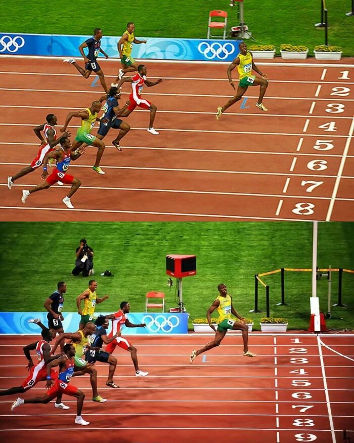 Sprinter winning a race at the Olympics track, showcasing speed and athleticism with competitors behind.