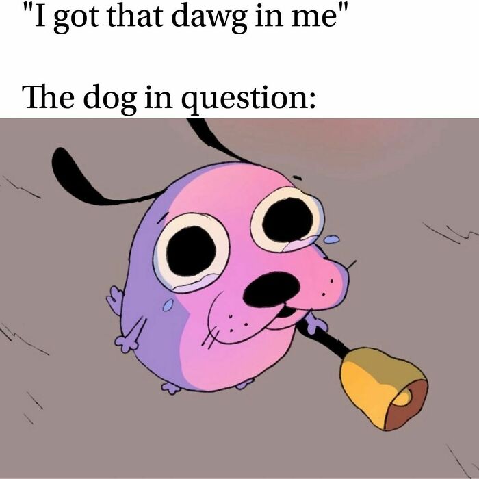 Cartoon dog with large eyes holding a bell, illustrating a funny meme with a twist of horror.