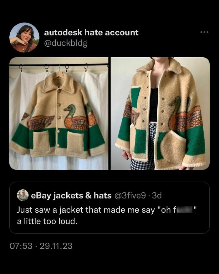 Cozy duck-patterned jacket humorously critiqued in this funny meme tweet.