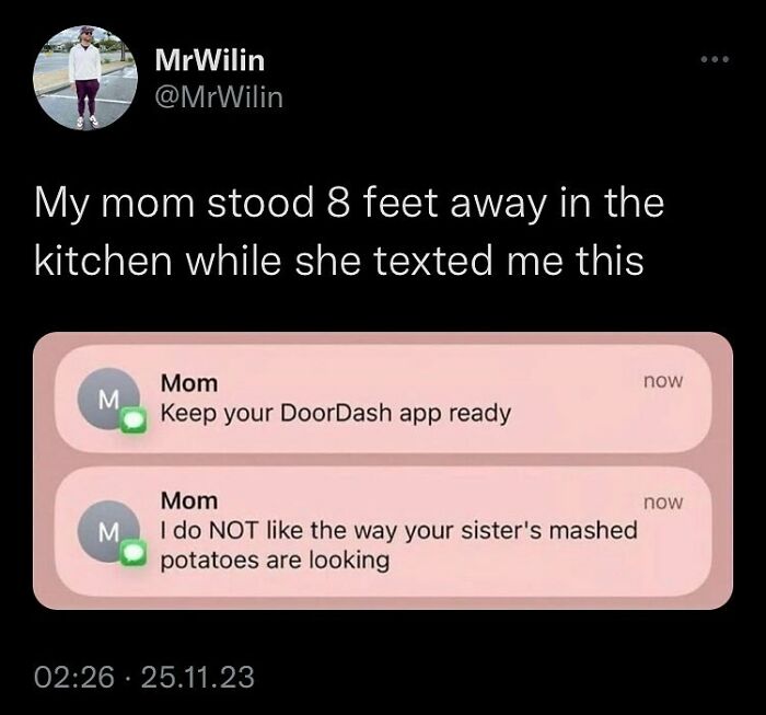 Text conversation meme parodying family kitchen moments, highlighting humorous texts from mom.