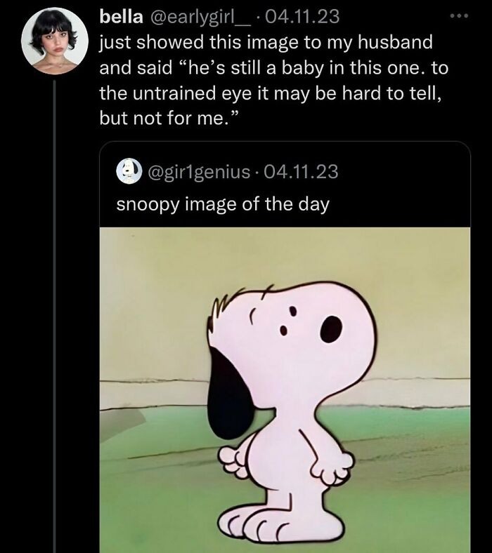 Snoopy looking curious, with humorous text overlay adding a funny-memes vibe.